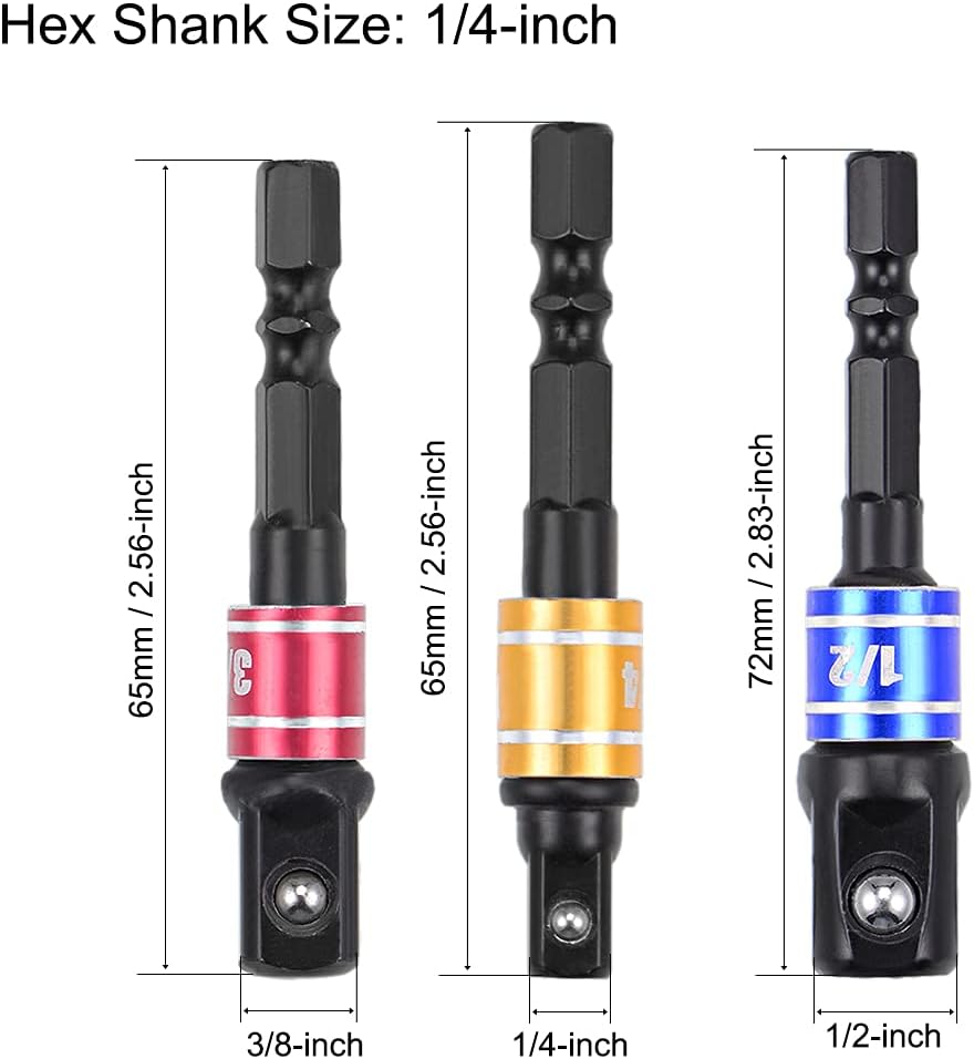 uxcell 6 Pcs 1/4", 3/8", 1/2" Driver Extension Impact Grade Socket Adapter Set, Hex Shank Bit for Power Drills (Black)