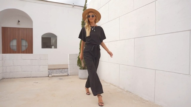 BLENCOT Jumpsuit voor dames, met ceintuur, ronde hals, elegant, korte mouwen, jumpsuit, lang, overall, broekpak, playsuit romper - Image 8
