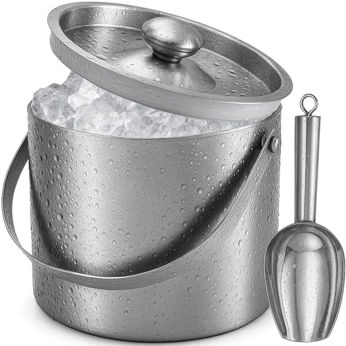 Ice Bucket (3 Liter) Stainless Steel Double Wall Insulated Ice Bucket with Lid & Scoop, Ice Buckets for Parties, Handle, Keeps Ice Cold for Hours, Great for Wine, Champagne, Cocktails (Silver)