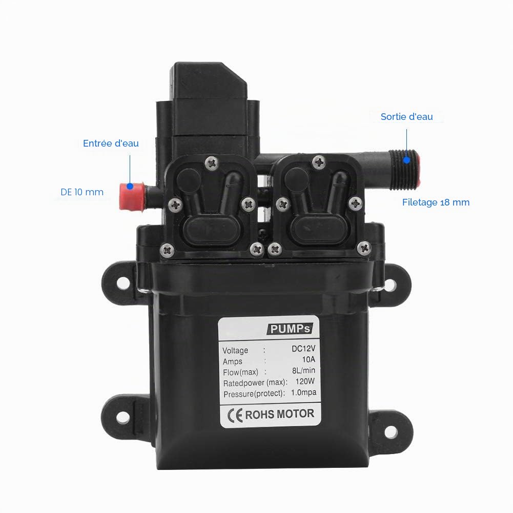 Pompe à eau à membrane 12V 120W, Pompe à membrane à amorçage automatique à haute pression avec pressostat automatique, débit maximal d'aspiration de 2 à 8L/min, utilisé sur la pelouse
