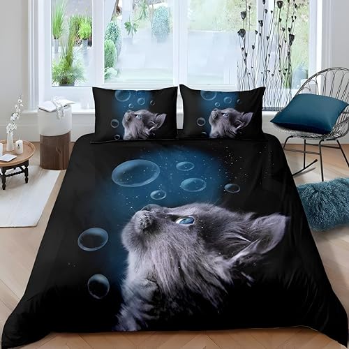 Qiwagu Housse de Couette 240x260 DéCoration Animale Bleue, Parure de Lit 2 Personnes Chat Gris en Microfibre avec Fermeture Éclair, Set de Housse de Couette...