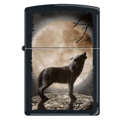 Zippo "Wolf Howling at Moon" Black Matte Lighter, 3731