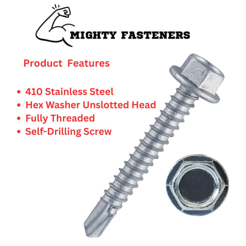 Self-Drilling Screws, TEK Screws, Grade 410 Stainless Steel, #14 X 2 Hex Washer Head, Ideal for Metal Applications, Pack of 250