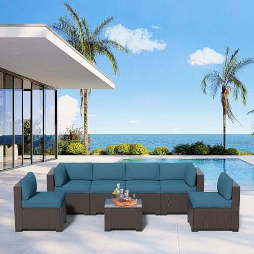 Image of 7 Piece Patio Furniture Set, Wicker Patio Conversation Sets, Outdoor Sectional Furniture with Tempered Glass Table, for Backyard, Deck, Garden, Dark Brown Rattan & Peacock Blue Cushions
