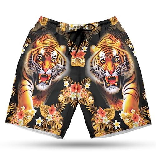 Tiger Men's Swim Trunks - Tropical Tiger Hawaiian Shorts for Men, Men's Summer Bathing Shorts Set 02
