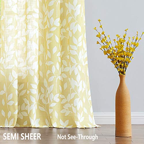 Image of Treatmentex Semi-Sheer Curtains for Living Room Windows 95 inch Long White and Yellow Leaf Print Curtains for Girl's Room, Bedroom Grommet Top Curtain Panels, Mustard Yellow, 1 Pair