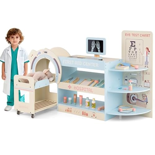 Maxmass Kids Doctor Set, Wooden Children Doctor Kit with 20PCS Accessories, Toy CT Machine, X-Ray Screen, Role Play Toddler Pretend Center Medical Station Hospital Play Set for 3+ Years Old (Blue)