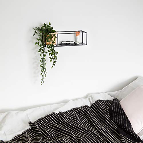 Umbra Cubist Zwevend rek met geïntegreerde plantenpot – moderne wanddecoratie en geometrische wandplank voor fotolijsten, kaarsen, brillen, kamerplanten en nog veel meer! Klein, metaal/hout, zwart - Image 6