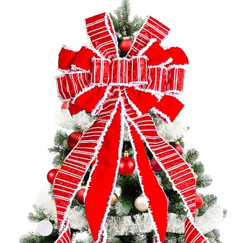 Christmas Tree Topper Christmas Wreath Bow, 52 * 13 inches Large Tree Toppers Bow with White Polyester Edge Gift Bows for Xmas Ornament Holiday Home Wedding Thanksgiving Indoor/Outdoor Decor