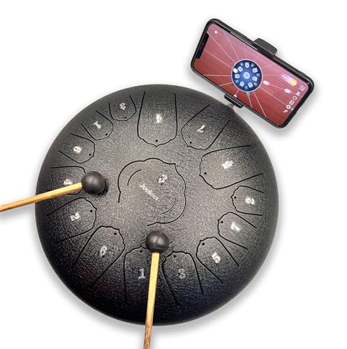 Jooleer Steel Tongue Drum with App Support Phone Holder 15 Notes 12 Inch Black C Key for Beginner & Professional Musical Percussion Instrument Unique Gift