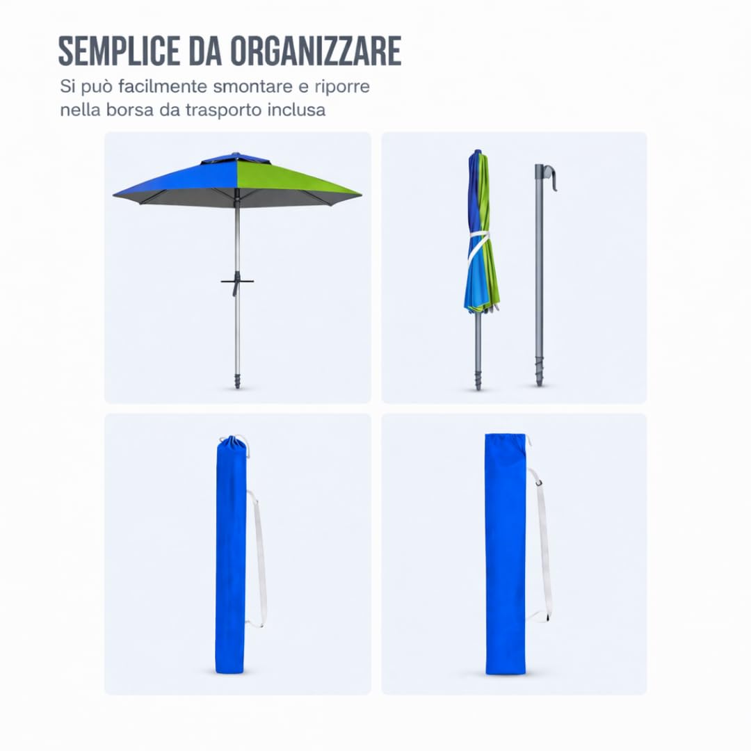 Batik Ombrellone Mare Tornado 220 cm – Ombrellone da Spiaggia Antivento con Trivella – Palo in Alluminio – Anti UV – 6 Stecche Rinforzate