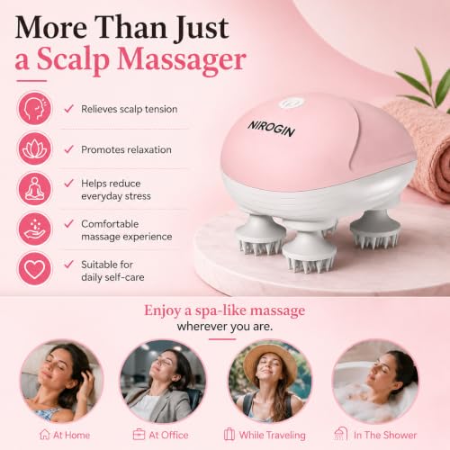 Image of Electric Scalp Massager - Handheld Head Massager with 4 Rotating Massage Nodes, Waterproof Relaxation Device for Hair Growth, Stress Relief & Deep Scalp Massage - Rechargeable, Portable (Pink)