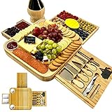 iBambooMart Cheese Board and Knife Set, Wooden Charcuterie, Bamboo Platter & Serving Meat Tray w/Slide-Out Drawers, 4 Knife, 4 fork, Gifts for Christmas, Birthday, Housewarming, Wedding