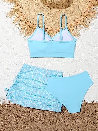 OYOANGLE Girl's 3 Piece Bikini Sets Spaghetti Strap High Waist Swimsuits with Ruched Cover Up Skirt2