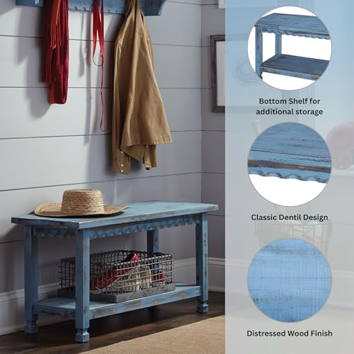 Alaterre Furniture Rustic Cottage Bench with 1 Shelf, Blue Antique, Solid Wood, Perfect for Accent & Occasional Furniture, Farmhouse Barn Style with Natural Finish