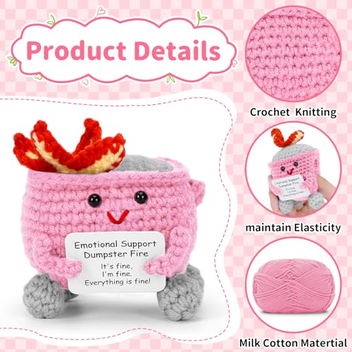 Image of Keyrose Emotional Support Dumpster Fire Crochet with Positive Card, a Cute Funny Handmade Knitted Doll Room Decor Crochet Animals Support Buddies Birthday Coworker Gifts for Women(Pink)