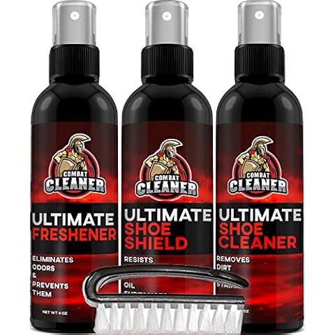 Combat Cleaner Shoe Cleaner Kit | Shoe Cleaner + Shoe Deodorizer Spray + Shoe Shield + Brush | Used for Sneakers, Tennis Shoes, Leather, & Suede Cover