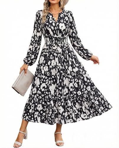 Image of GRACE KARIN Women's Floral Maxi Dress 2026 Fall Long Sleeve V Neck Empire Waist A Line Flowy Dress with Pocket