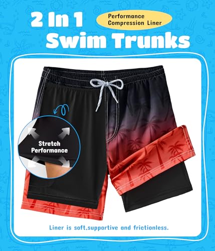 Boys Swim Trunks with Compression Liner Boys Quick Dry 2 in 1 Swim Shorts Summer Beach Shorts Black Red4
