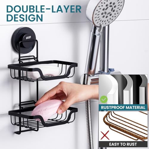 Image of TAILI Soap Holder, Soap Dish Suction Cup with Hooks, Stainless Steel (Light Black)