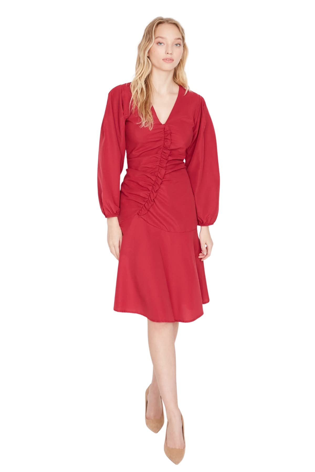 Trendyol Damen Rot Regular A-Linie Zweireihig Webstoff Kleid, 40