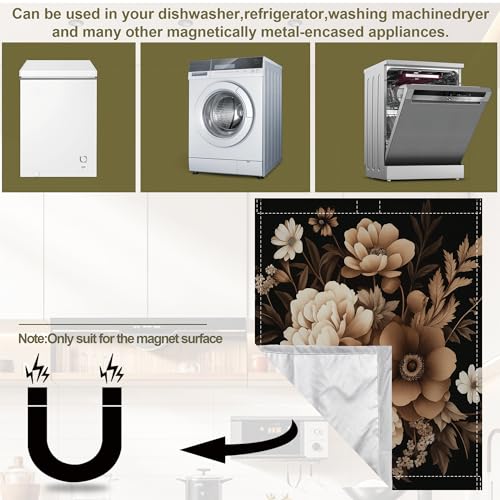 Image of Brown Black Flower Dishwasher Magnet Cover,Artistic Kitchen Decor Waterproof Refrigerator Magnet Appliance Cover Protector,23Wx26H Inches