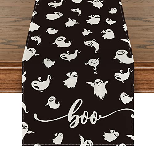 Artoid Mode Boo Ghosts Halloween Table Runner, Black Fall Kitchen Dining Table Decoration for Outdoor Home Party 13x72 Inch