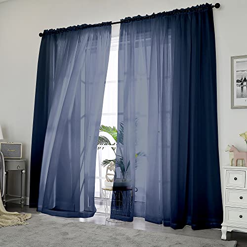 Image of OWENIE Blue Sheer Curtains, Sheer Curtains 84 inch Length 2 Panels Set, Rod Pocket Voile Fimly Sheer Drapes for Living Room /Bedroom, 2pcs, Each 42 inch W x 84 inch L, Navy Blue
