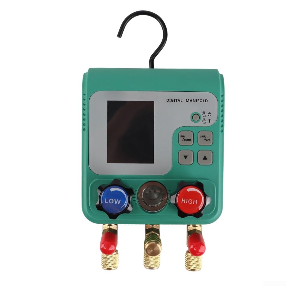 DY523 - Manómetro digital de vacío para aire acondicionado de coche, medición de presión dual con indicador de sobrecalentamiento, 0-6000 KPa, ± 0,5% de precisión, conector de metal, gancho plegable