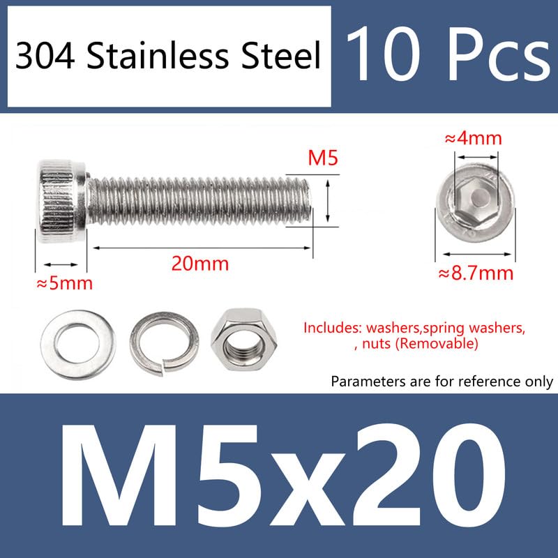 Stainless Steels 304 Cylindrical Head Washer Nuts Bolts Sets Socket Cap Cup Head Internal Hex Combination Screws M5 x 20mm 10 pcs