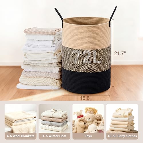 Image of 72L Large Tall Cotton Rope Laundry Basket with Handles, Brown & Black