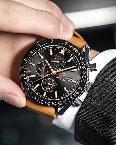 BY BENYAR Mens Watches Analog Quartz Chronograph Waterproof Men's Wrist Watches Business Casual Fashion Classic Designer Elegant Dress Watch with Calendar Leather/Stainless Steel Strap Gifts for Men - Image 4