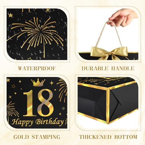 Image of JMANNI Black Gold 18th Birthday Gift Bag with Card and Tissue Paper, 12.6 inchx9.84 inchx3.9 inch Elegant Present Bag for Adults, 18 Year Old Birthday Keepsake Party Supplies