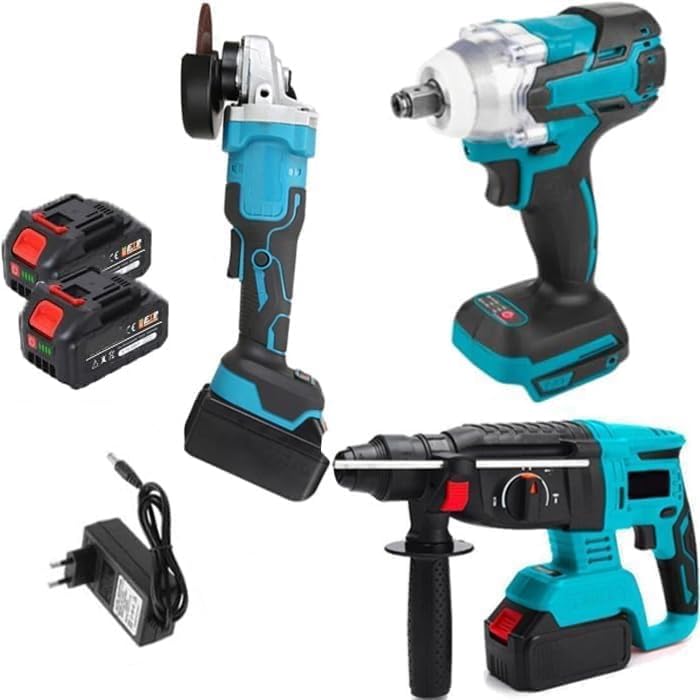 Kit Completo Professionale 3 in 1 Trapano Tassellatore Avvitatore ad Impulsi Smerigliatrice a Batteria 700W Due Batterie 4000 mAh Valigetta