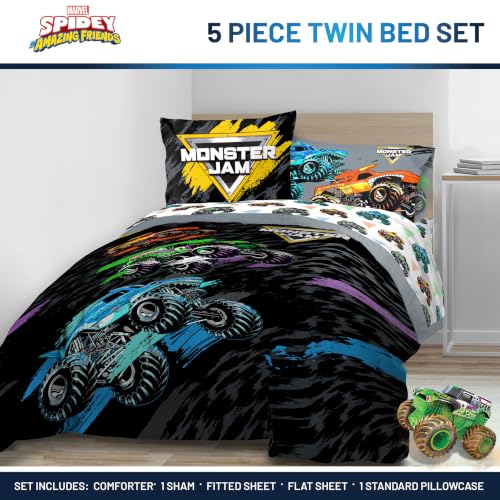 Image of Monster Jam Trucks Twin Comforter Set 5 Piece Kids Bedding for Boys, Black | Grave Digger Megalodon, Comforter Sheets Sham Pillowcase, Official Product, Soft Microfiber, Machine Washable, Boys Gift