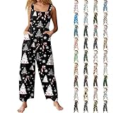 Christmas Jumpsuits for Women Christmas Lights Tree Print Sleeveless Shoulder Strap Romper Xmas Overalls Holiday Clothes 2025 Plus Size Overalls with Pockets(A-Black,X-Large)