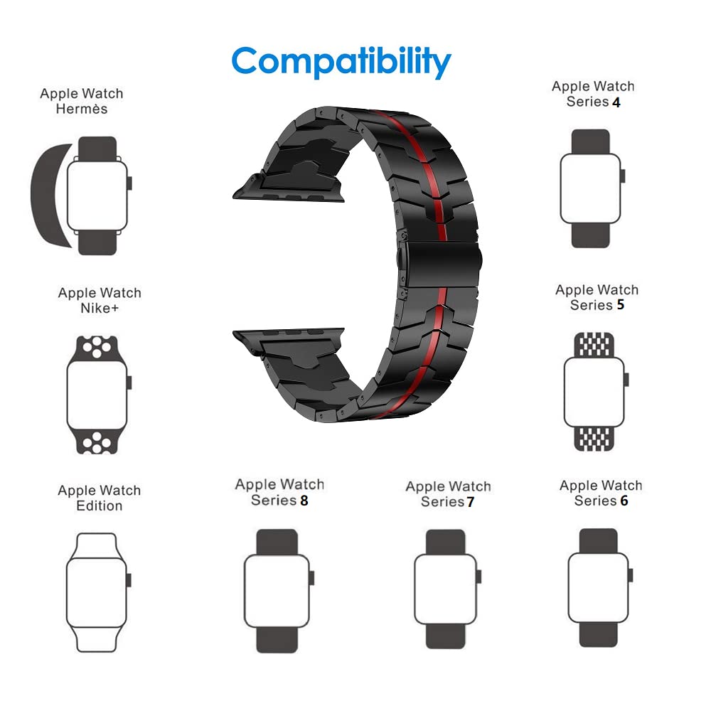 RABUZI Compatible for Apple Watch Band Ultra 49mm Series 8 45mm 44mm 42mm,Enamel Process Stainless Steel Metal Watch Replacement Bands Compatible for Apple Watch SE,Apple Watch Series 8/7/6/5/4,Black+Red Enamel process