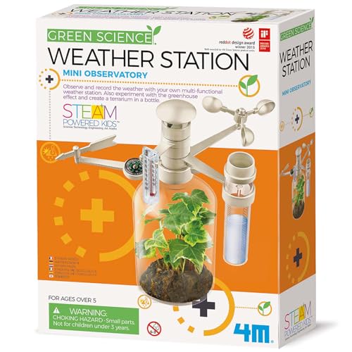 4M: Green Science - Weather Station - DIY Mini Observatory Kit Observe & Record Wind-Rain-Temperature Create A Terrarium in A Bottle STEAM Kids 5+