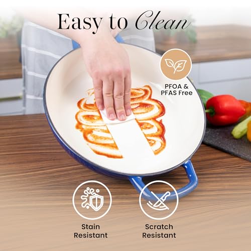Shallow Cast Iron Casserole with Lid – Non Stick Dutch Oven Pot, Oven Safe up to 500° F – Sturdy Ovenproof Stockpot Cookware – Enamelled Cooking Pot – Dark Blue, 5-Quart, 32cm – by Nuovva by nuovva - Used condition - Image 6