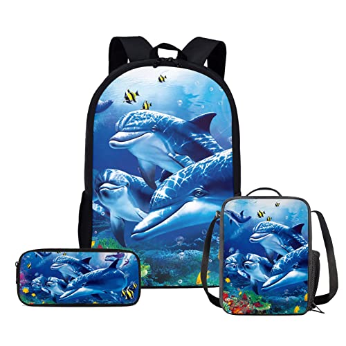 HELLHERO Dolphin Backpack Girls Bookbags with Lunch Box Set for Boys Girls Kids Children School Bag Sets Pencil Purse Travel Rucksack Outdoor Camping Walking Cycling Climbing