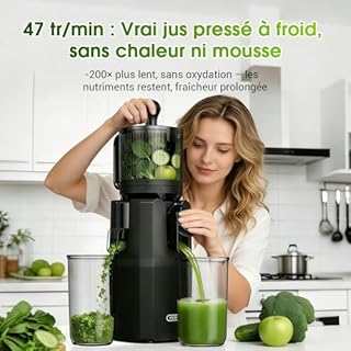 WETIE Extracteur de Jus de Fruits et Légumes Entiers, Extracteurs lents avec Goulotte XXL 120mm, sans BPA, 99% de Rendement, Facile à Nettoyer et à installer, (Inclut 2 Récipients à Jus)
