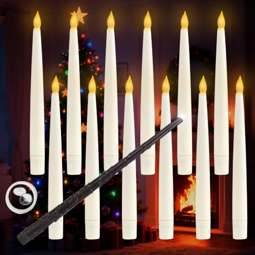 KUWUNG Floating Candles with Wand Remote, 12Pcs LED Tapered Candles with Remote Control and Timer, Hanging Floating Candles with Wand Remote for Home Halloween Christmas Decorations