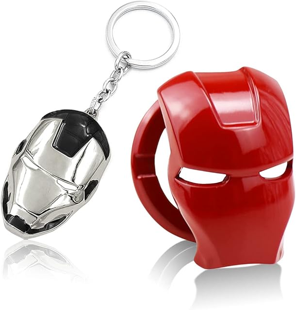 Car Start Button Cover Auto Engine Start Stop Push Switch Cover Ignition Cover Ring Alloy Iron Man 3D Anime Character Anti Scratch Protective Decoration and Key Chain - 2 PCS (Red)