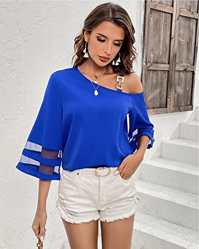 2023 Women Summer Solid Color Loose Fitting Chiffon Blouse 3/4 Bell Sleeve Mesh Panel Shirt Cold Shoulder Metallic Buckle Top Blue X-Large #TOP3