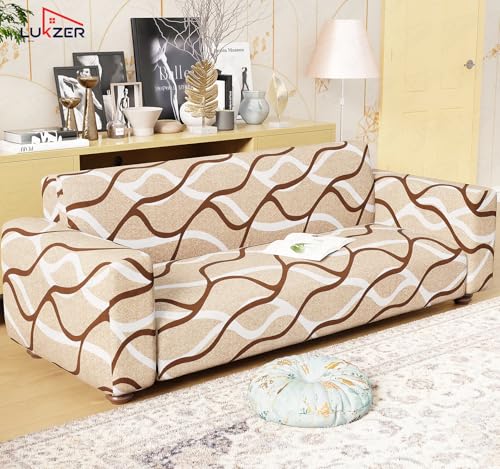 Image of Lukzer 5 Seater Sofa Cover - Beige Lining | Sofa Cover 3+1+1 Seater | 360 Fully Covered Anti-Slip Washable Couch Cover Protecter | 140 GSM Stretch Fit Polyester + Spandex Slipcover (SC-021-05)