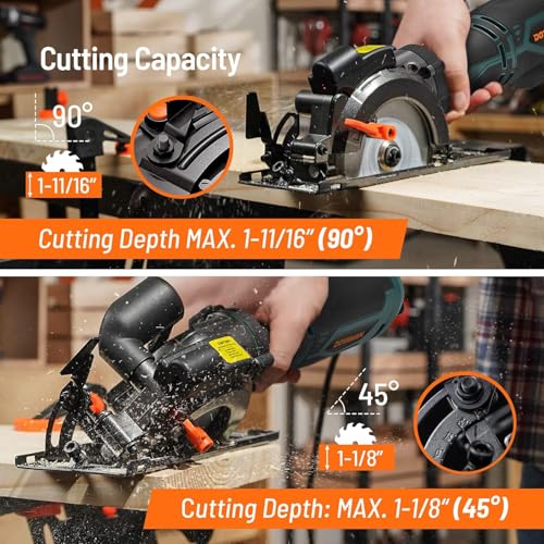 Image of DOVAMAN Circular Saw, 5.8A Mini Circular Saw with Laser, 3500rpm, Metal Auxiliary Handle, Cutting Depth 1-11 /16 inch (90), 1-3 /8 inch (45), 6 Saw Blades Ideal for Wood, Soft Metal, Plastic, Tile, Blue