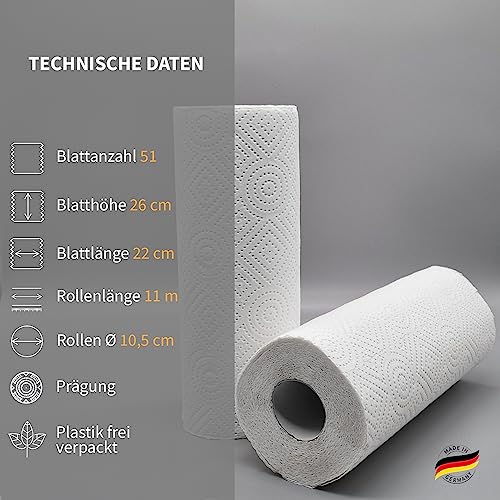 Foto von Küchenrolle Plastikfrei - 16 Rollen - 3-lagig - à 51 Blatt - reinweiß - parfümfrei - saugstark - Küchenpapier - Küchentücher - Haushaltrollen - Haushaltstücher - Haushaltspapier