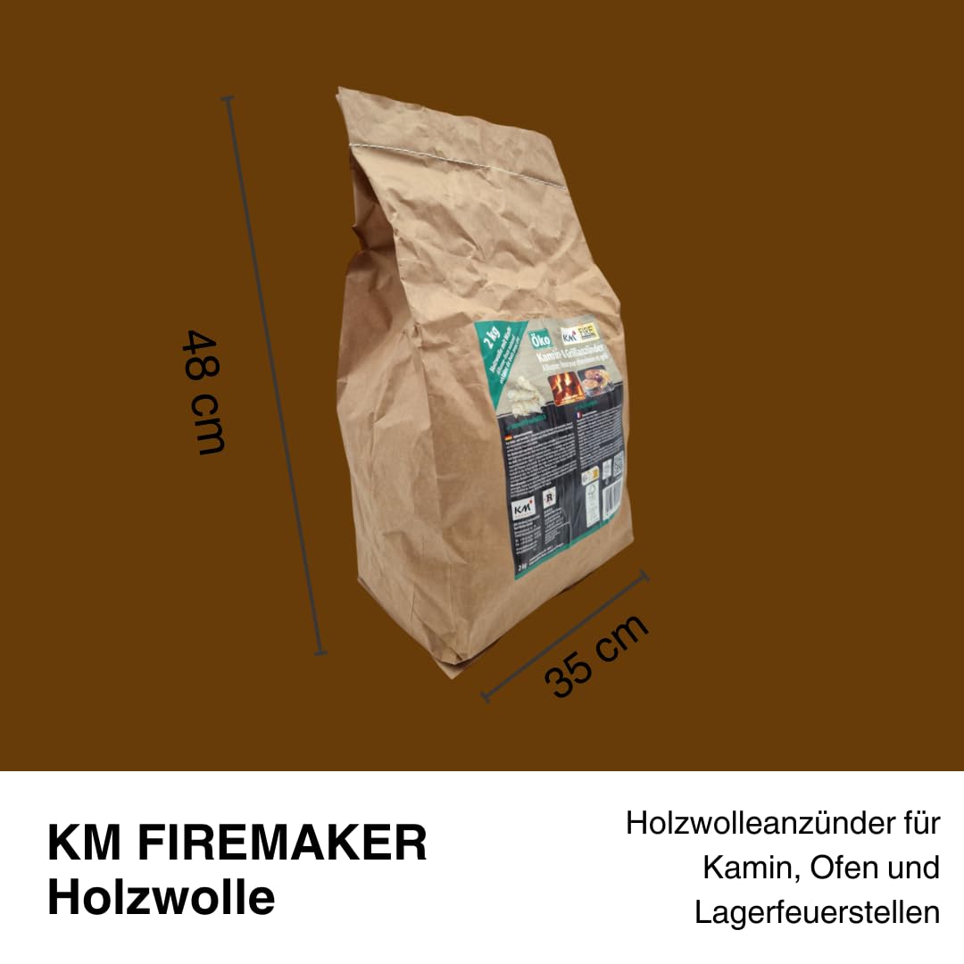 KMFiremaker Anzündwolle Set 6 Säcke je 2KG insgesamt 12KG ökologische Holzwolle Anzünder mit natürlichem Wachs für Kamin, Grill, Feuerstelle und Ofen - Lange Brenndauer