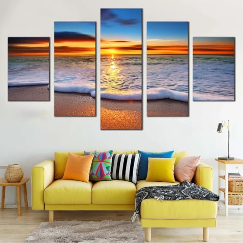 Tableau decoration murale salon en 5 parties coucher de soleil pour une ambiance zen