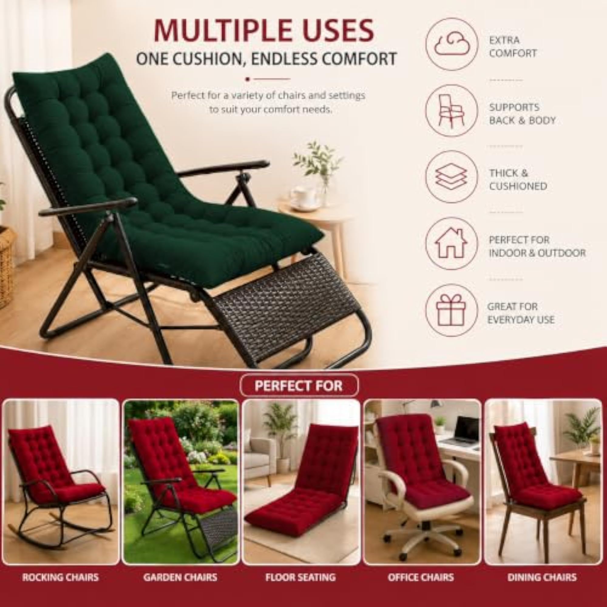 Long Rocking Chair Cushion for Home & Office
